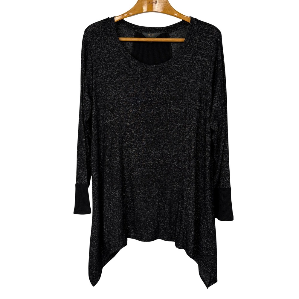 Mix by 41 Hawthorn Women's 1X Black Marled Sharkbite Hem Tunic Top Ribbed
